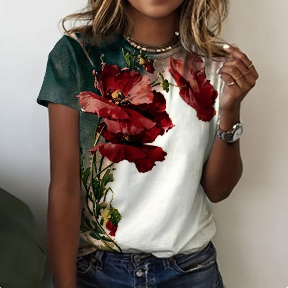 Damen T-Shirts Rundhals Kurzarm Farbverlauf Lila Blütenzweig Druck T-Shirt Damen Outfits Lässige Streetwear Coole Kleidung