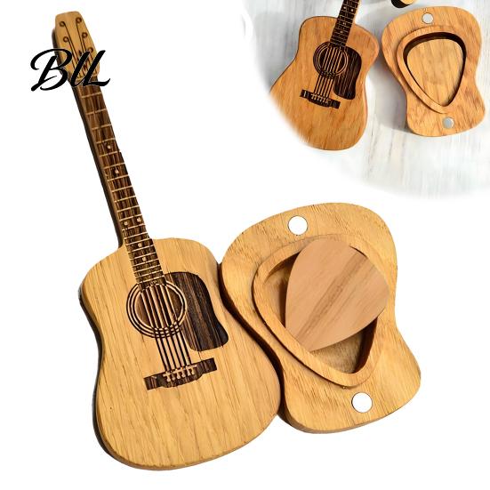 Wooden Pick Storage Box Guitar Holder with Stand, Plectrum Display Desktop Container Miniature Shape, Organizer for Lovers Personalized Music Gift