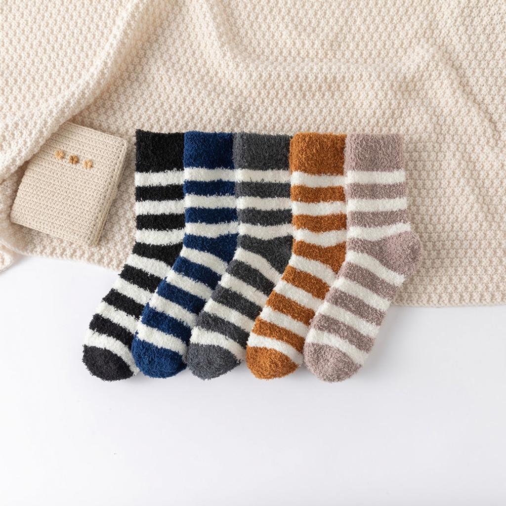 Men's Large Size Striped Mid Calf House Socks (5 Pairs) Winter Warm Thick