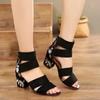 Fashion Shoes for Women 2025 New Ankle-Wrap Women's Sandals Summer Black Embroidered Mid-heel Sandals Elegant Open Toe Square Heel Mujer