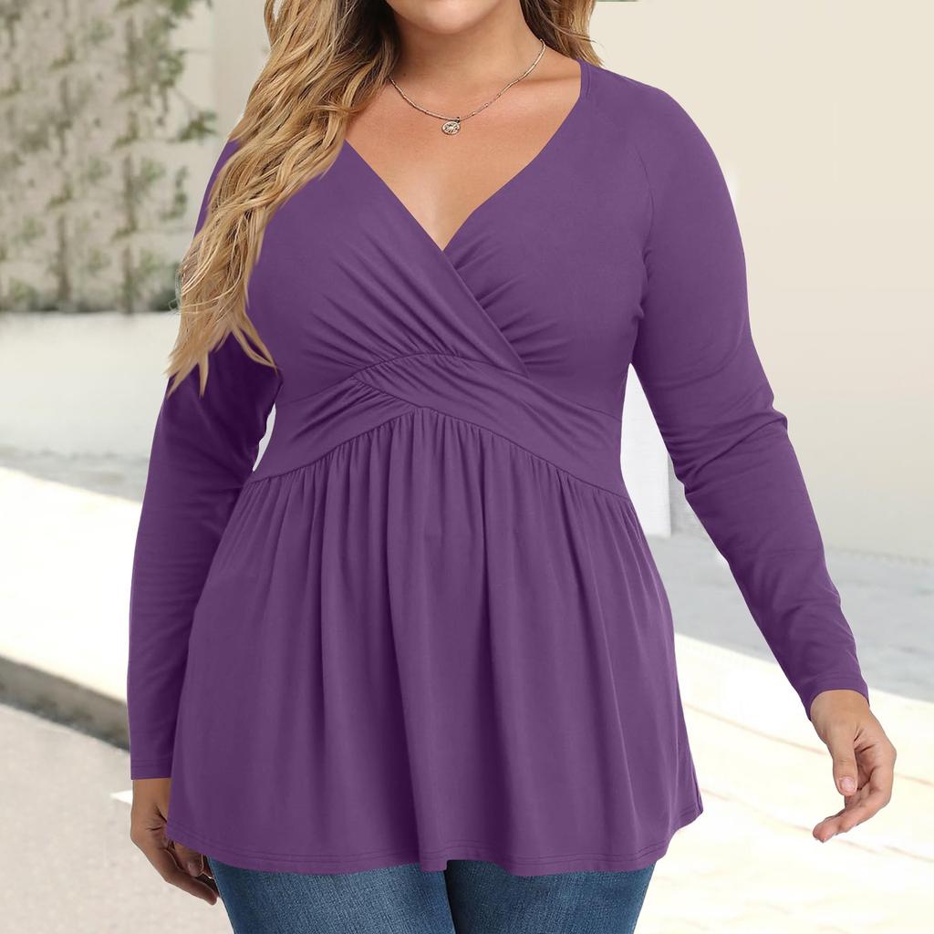 Women's Plus Size Shirt Long Sleeve Solid Color Top Pleated Casual V-Neck Top