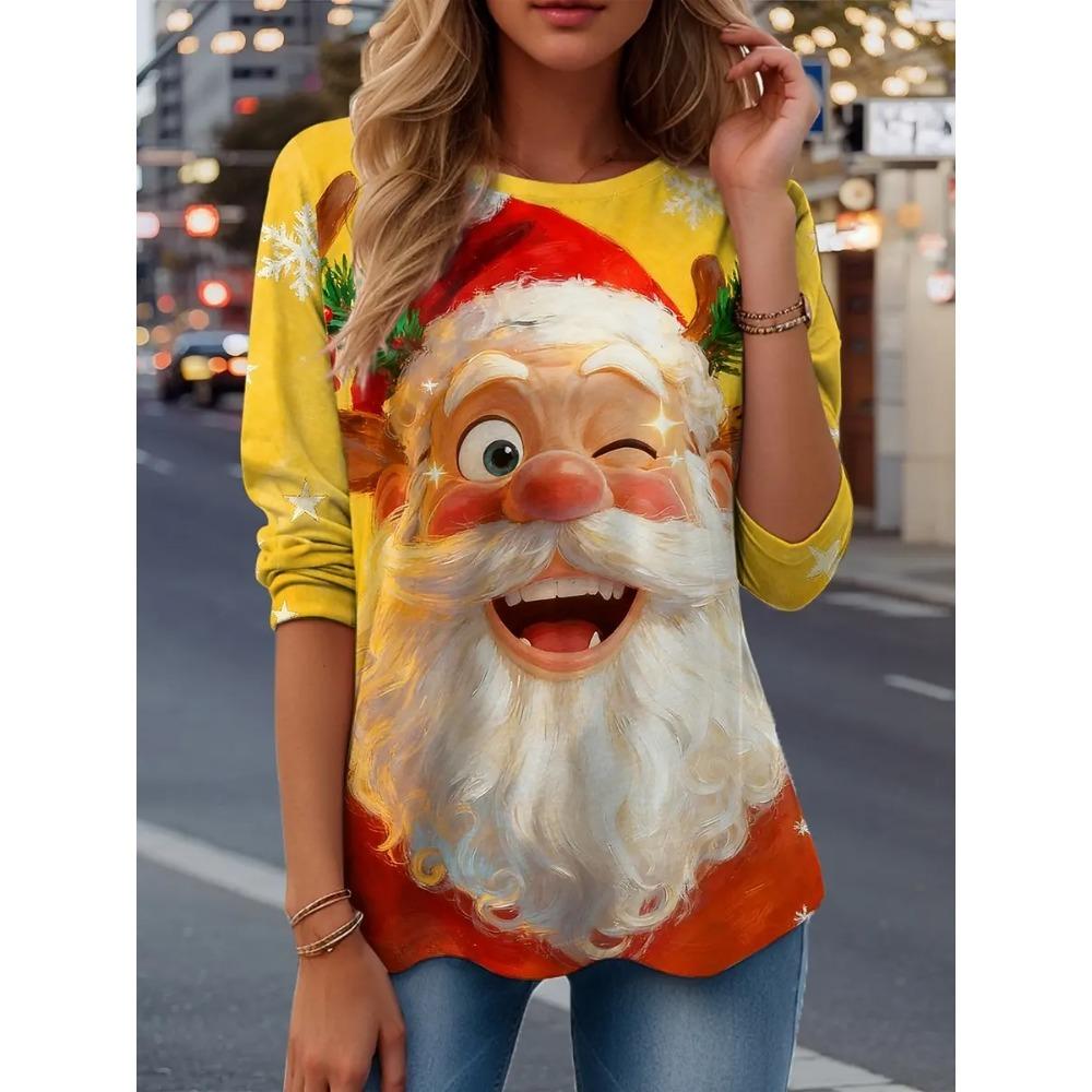 Spring and Autumn Round Neck Santa Claus Pattern 3D Printed Top Fashionable Casual Long Sleeved Women's T-shirts