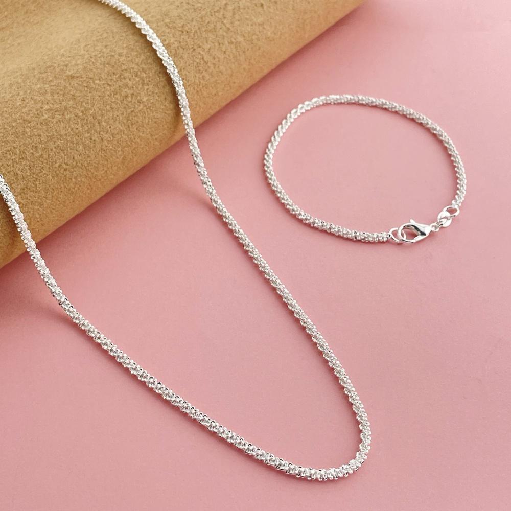 925 Silver 2mm Side Chain Necklace Set 7.5-32 Inch for Women Men Fashion Wedding Jewelry