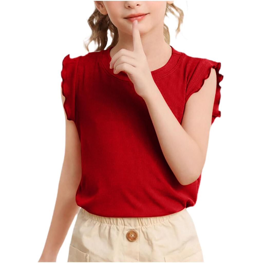 Girls Ruffle Sleeveless CuteKids Tops Loose Crewneck Pullover Casual Tees