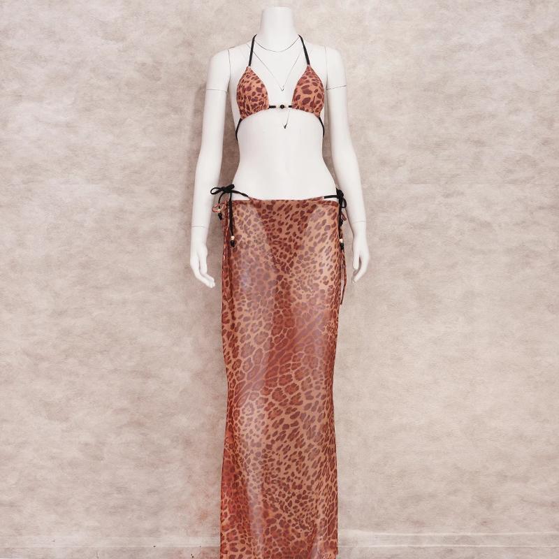 EDOLYNSA Sexy Leopard Print 3dílná sada bikin 2023 Summer Beach Wear Triangle Bikini Plavky S plážovou sukní Plavky Krycí A1554