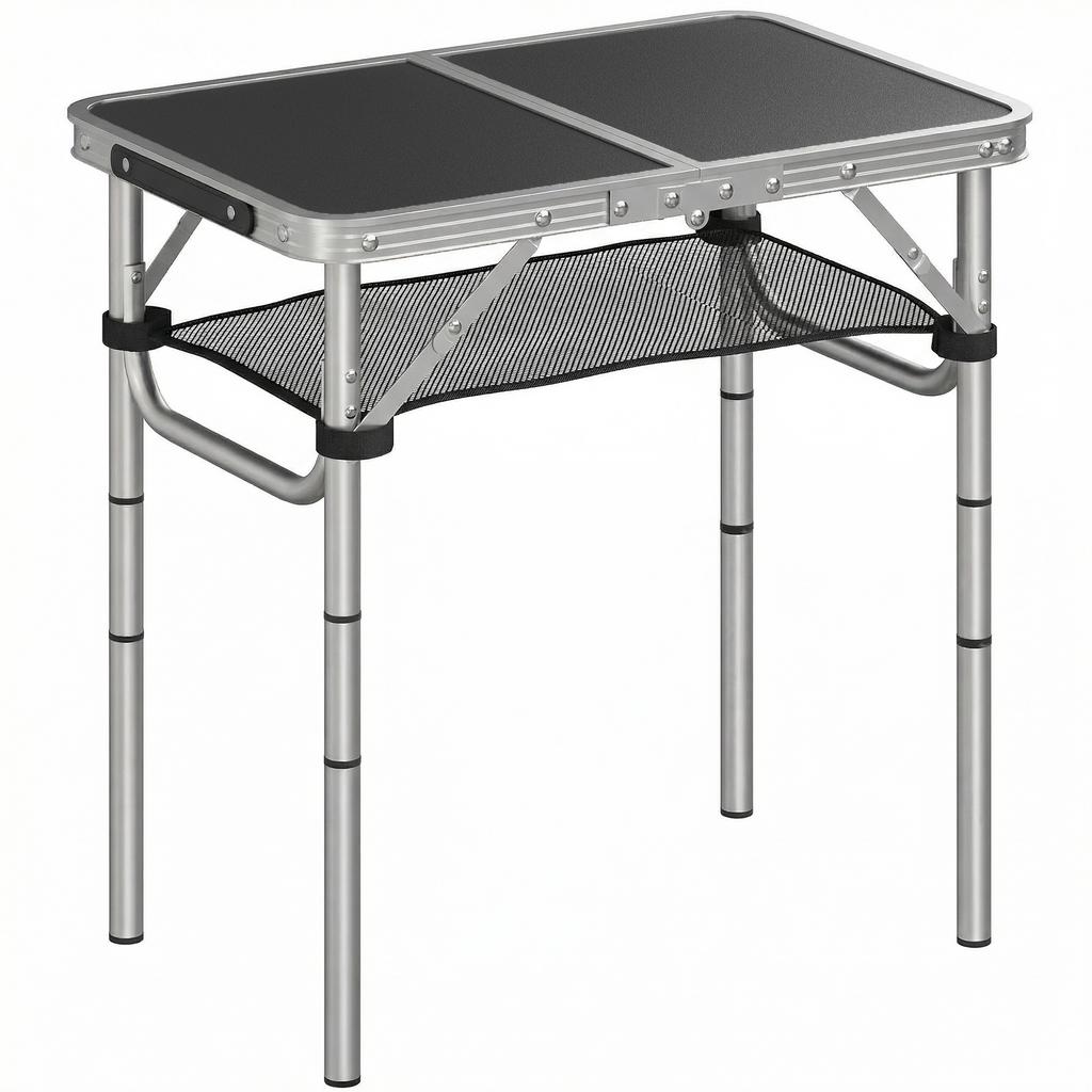2ft Folding Camping Table, Picnic Table with Mesh Storage Layer, 4 Adjustable Heights and Carrying Handle, Black