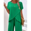 Women's Casual Khaki Short Sleeve Top & Wide Leg Pants Set, Stylish Two-Piece Outfit with Layered Necklace