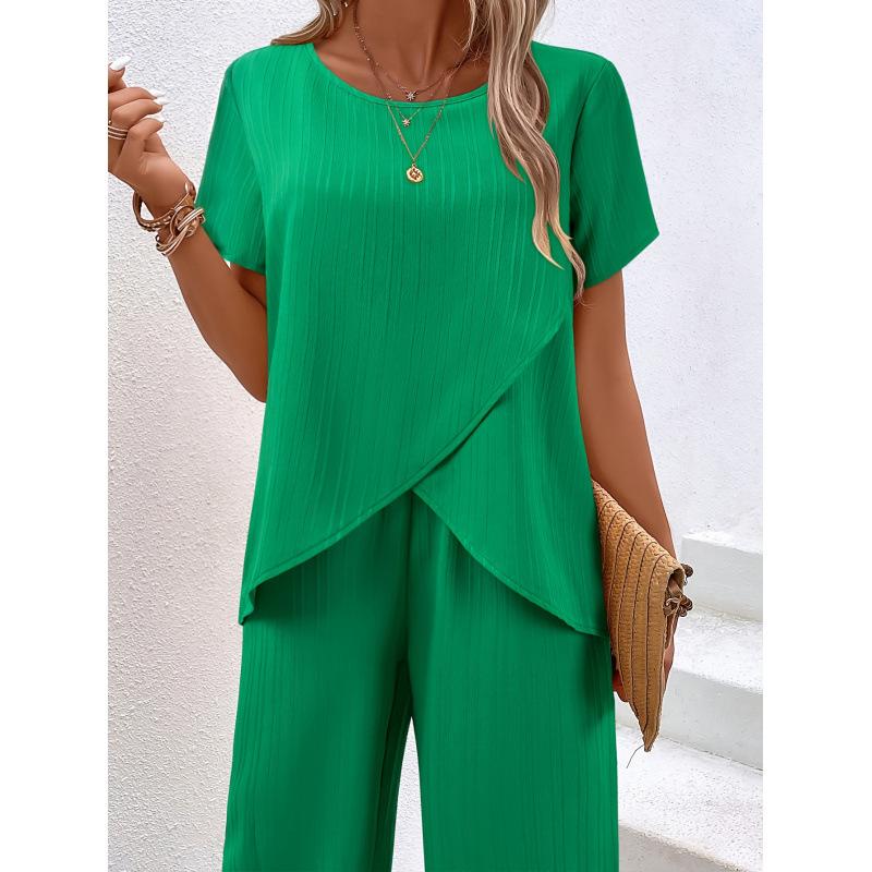 Women's Casual Khaki Short Sleeve Top & Wide Leg Pants Set, Stylish Two-Piece Outfit with Layered Necklace