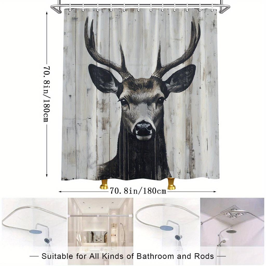 1Pc Rustic Deer Head Shower Curtain With Antlers - Photorealistic Digital Art On Wooden Background, Polyester, 12 Hooks,