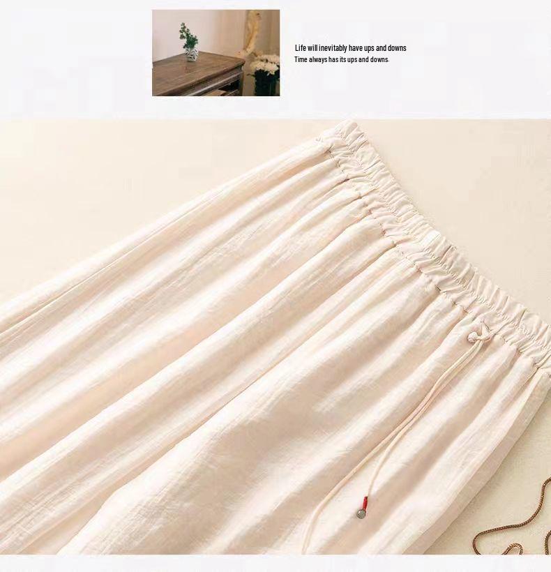 Retro Embroidered Tencel Wide-Leg Pants - Women’s High-Waist Summer Casual with Slit Tassel Details.