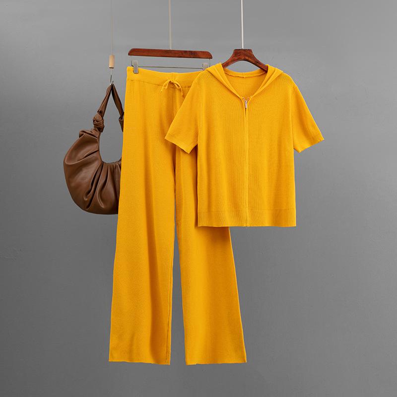 Knitted Solid Color Loose Zipper Hooded Short Sleeved Top Set Casual Wide Leg Pants Two Piece Set
