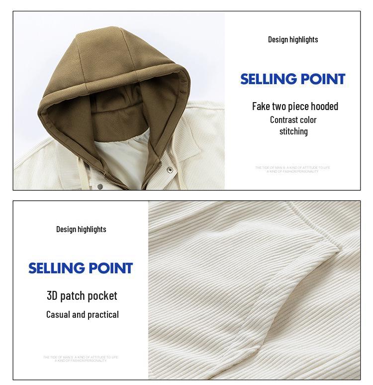 Japanese Trendy Corduroy Hooded Jacket with Fleece Lining: Autumn/Winter Hong Kong Style for Men
