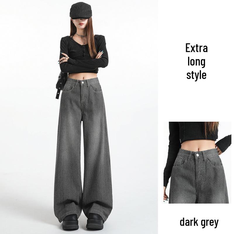 Women's Striped Wide-Leg High-Waisted Jeans - Slimming Loose Fit Black-Gray Floor-Length Pants for Spring and Autumn