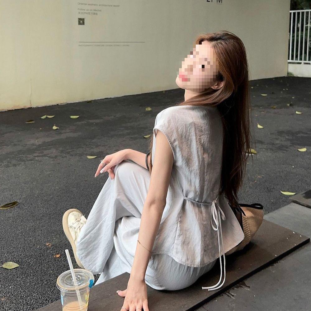 Summer Casual Waist-Cinching Two-Piece Set: Fashionable 2025 Shirt with Floor-Length Wide-Leg Pants
