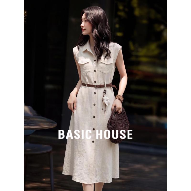 Basic House Women s Polo Collar Sleeveless Shirtdress with Belt M синий