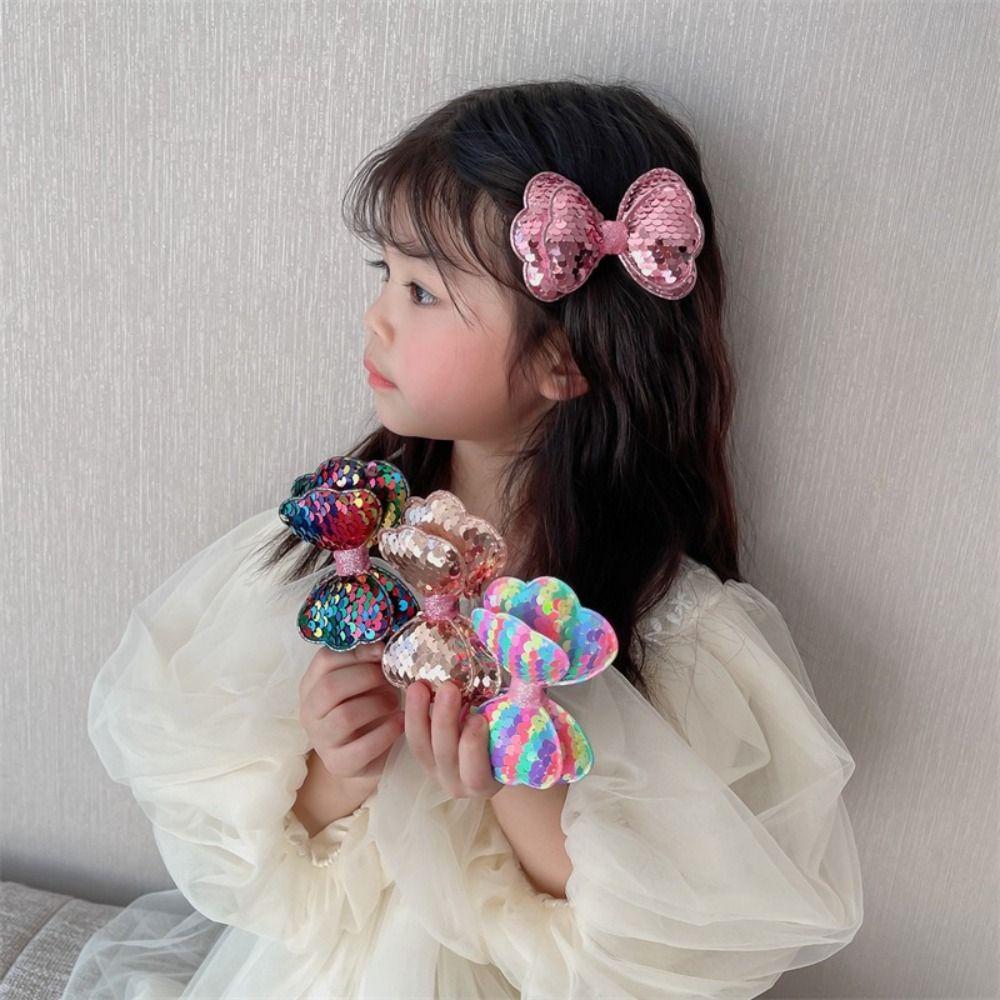 5PCS Double Sequin Bow Sequin Hair Clips Long Gradient Color Princess Hairpin  Children Headwear