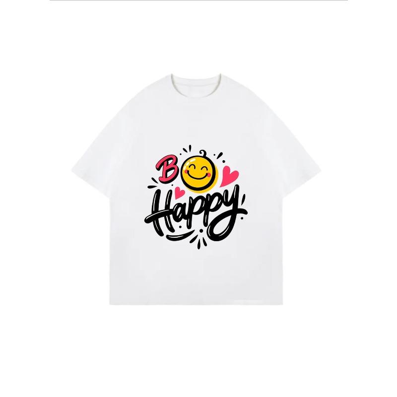 Weißes T-Shirt mit Be Happy Smile-Gesicht und Herz-Print für Freizeitkleidung