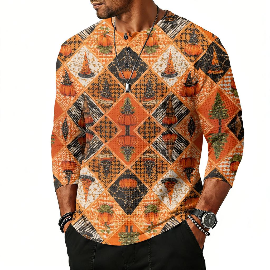 Men's Casual Halloween Print Henley Shirt Raglan Sleeve Three Quarter Sleeve Top with Button Placket for Daily Wear