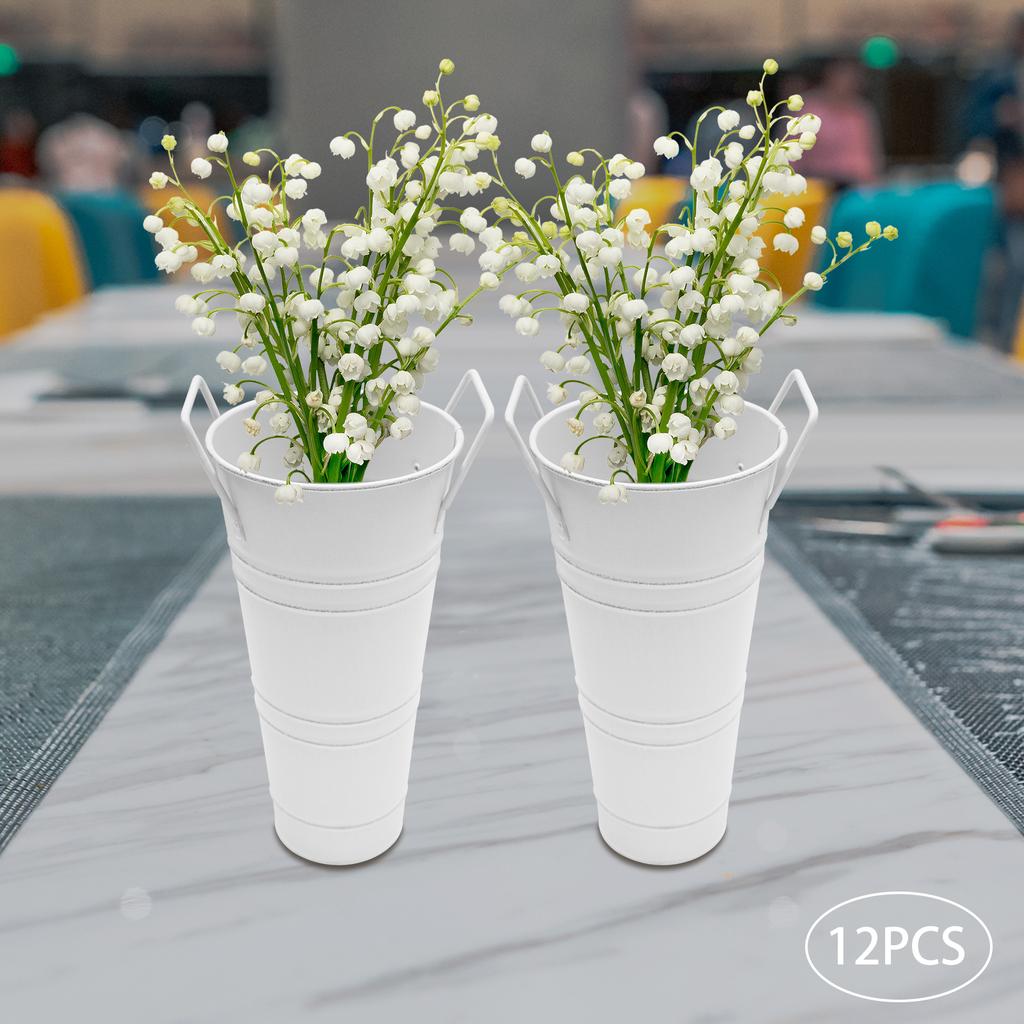 12Pcs White Metal Flower Buckets, Cylindric Vases, Modern Wedding Floral Arrangement Containers, 9In Tall Flower Display Holders