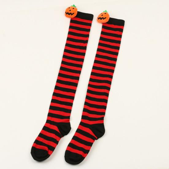 1 par de meias de Halloween acima do joelho, engraçadas, desenho animado, abóbora, listradas, contraste de cor, macias, manter aquecido, alta elasticidade, cor sólida, meias de inverno na coxa