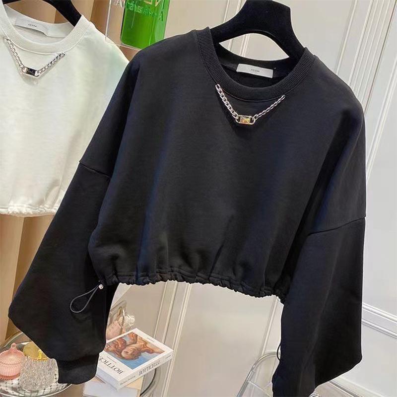 Sweatshirt Women's Short Thin Top Loose Drawstring Round Neck