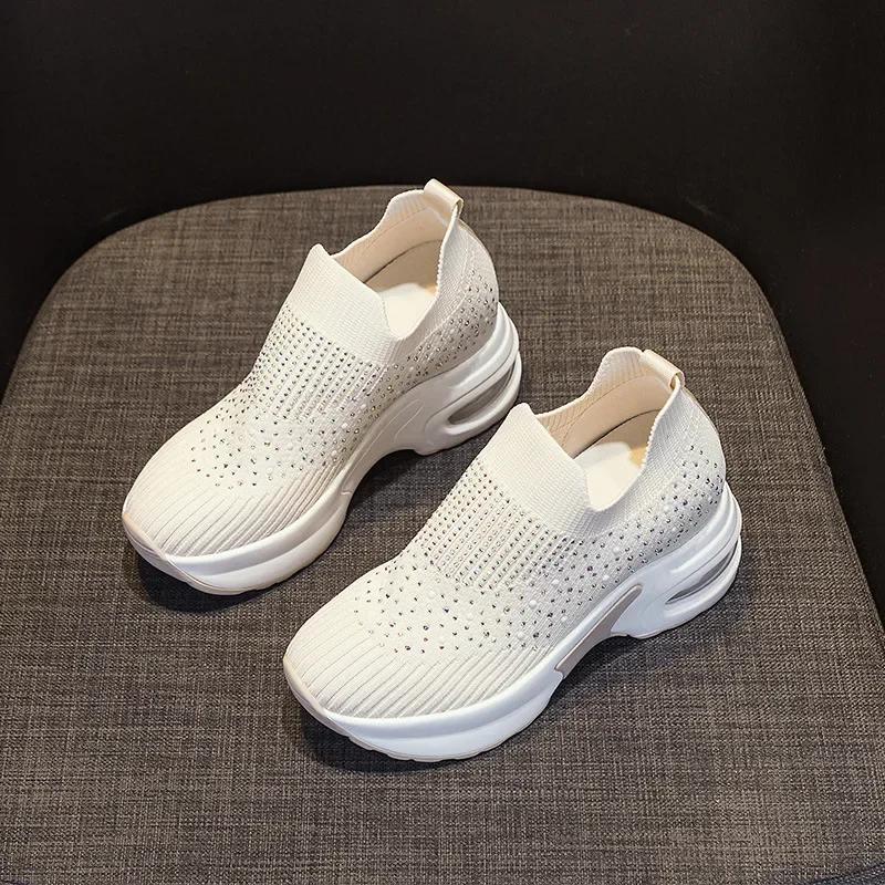 Fashion 8cm Air Mesh Stretch Fabric Sock Knitted Spring Autumn Platform Wedge Ankle Slip on Bling Women Fashion Rhinestone Booties Shoes