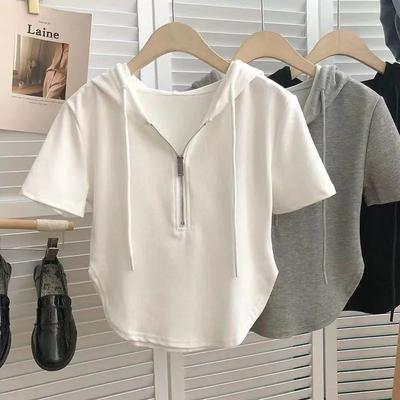 Summer New Pure and Lustful Short Hot Girls Women's Clothing Solid Drawstring Hooded Zipper White Short-sleeved T-shirt Top