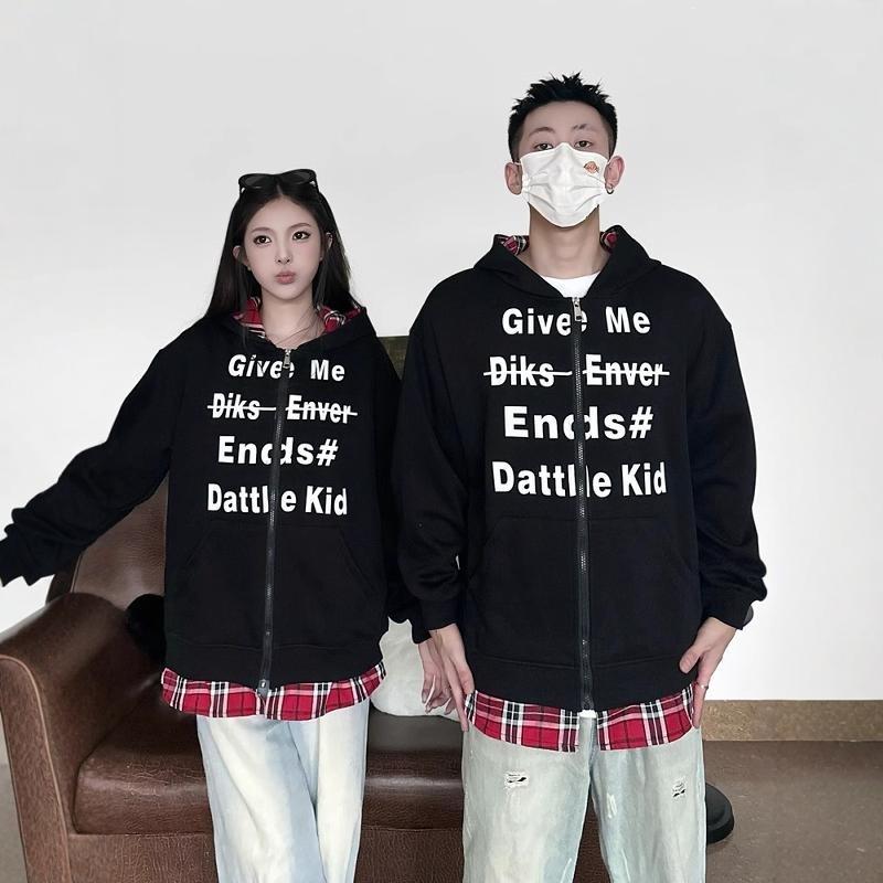 Extra large size 150kg fake two-piece splicing plaid hooded sweater men's and women's autumn couple's cardigan jacket top 2