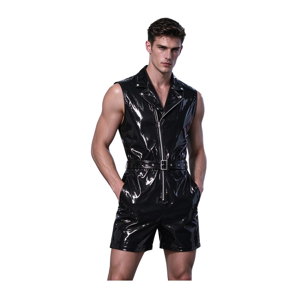 Men Zip Front Patent Leather Bodysuit Sleeveless Lapel Collar Adjustable Belt Pockets Slim Fit Jumpsuit for Club Rave Festival Stage