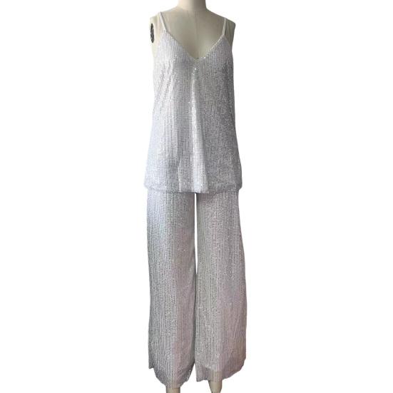 Women Sequin Two Piece Outfit Sleeveless Cami Scoop Neck Top Wide-leg Pants