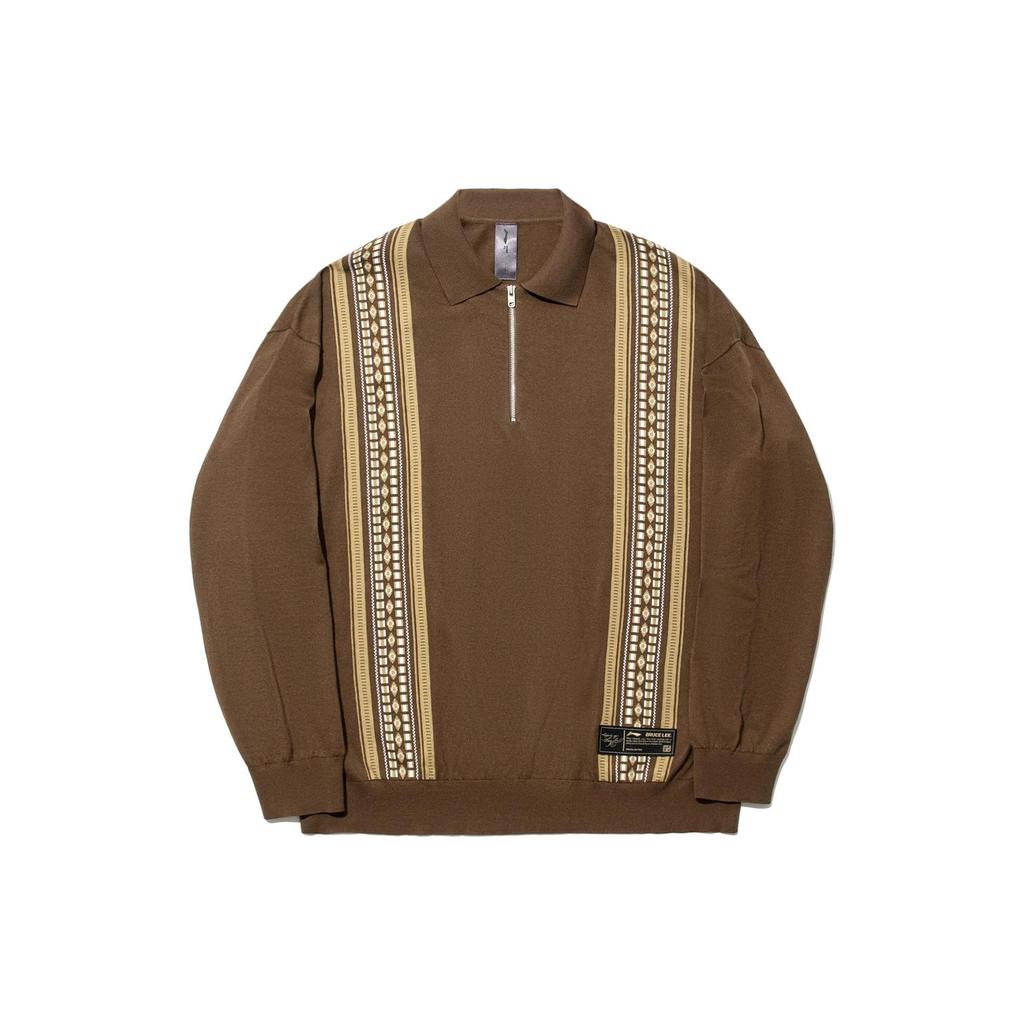 Li Ning X Bruce Lee Collaboration Kung Fu Series Striped Polo Loose Fit Long Sleeve Knit Sweater Unisex Sweater Clay-Brown AMBT239-2