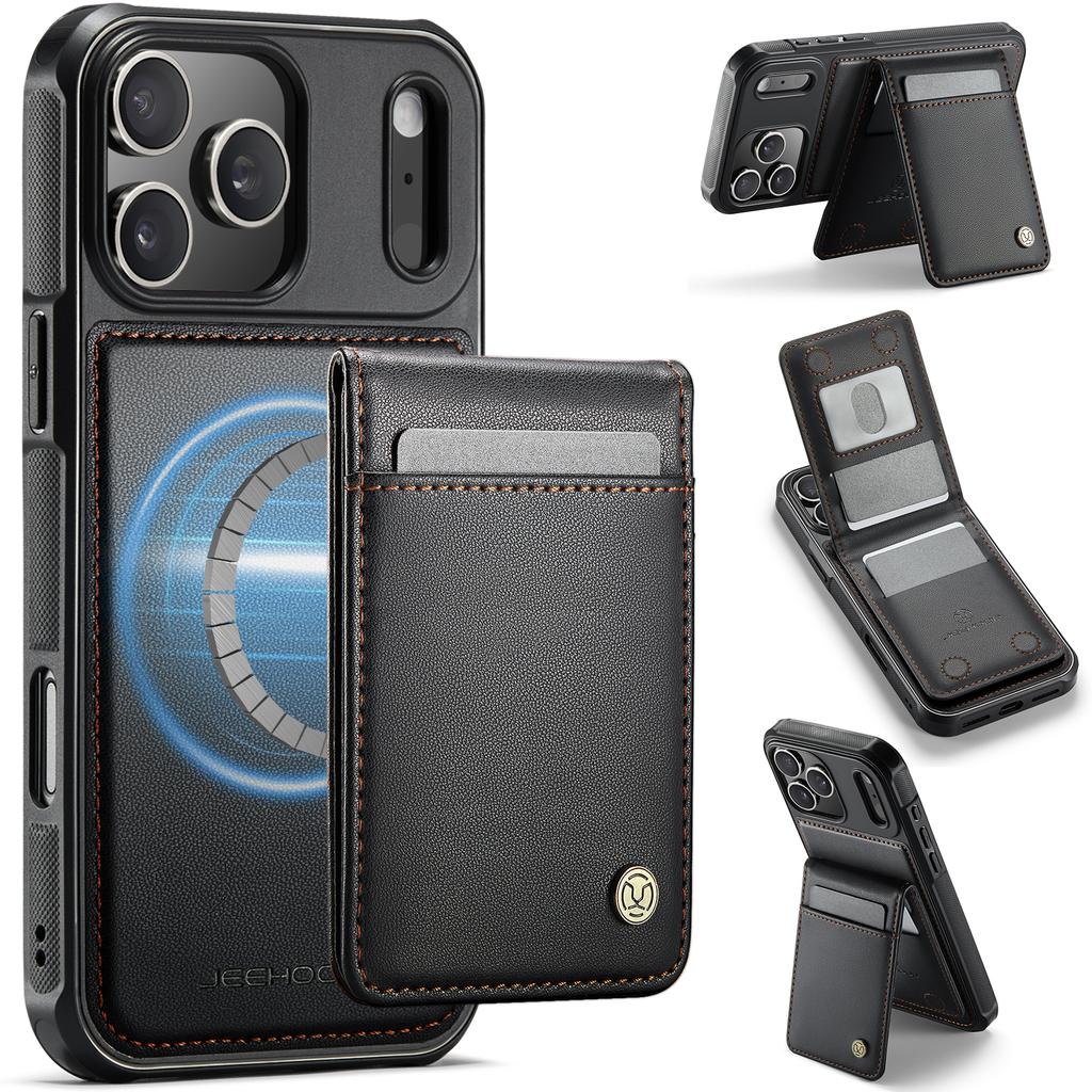 For iPhone 17 Pro Max Leather Back Cover JEEHOOD J06 Magnetic Phone Case with Card Bag RFID Blocking