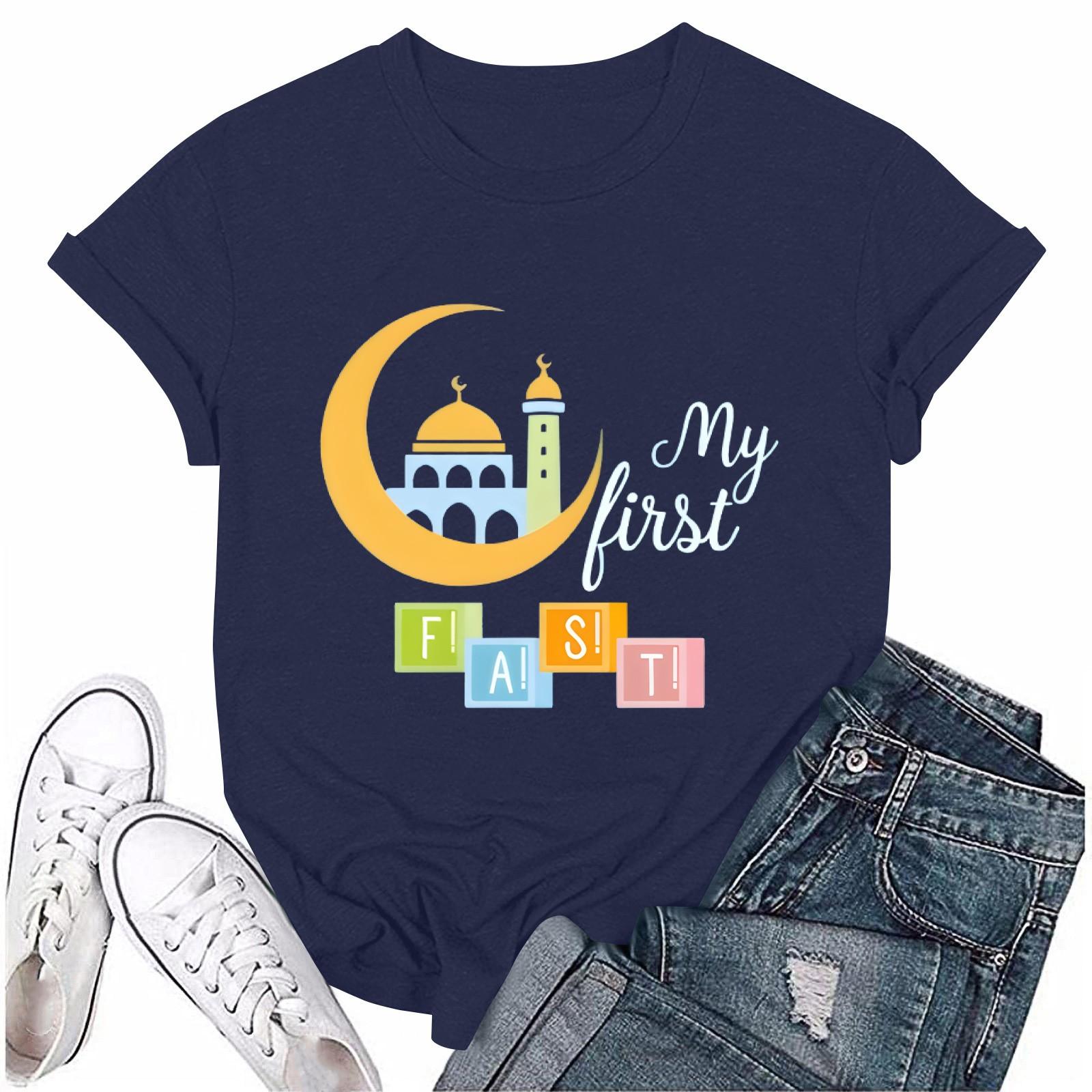 

Girls casual loose printed T-shirt round neck pullover short sleeve top 100 Темно-синій