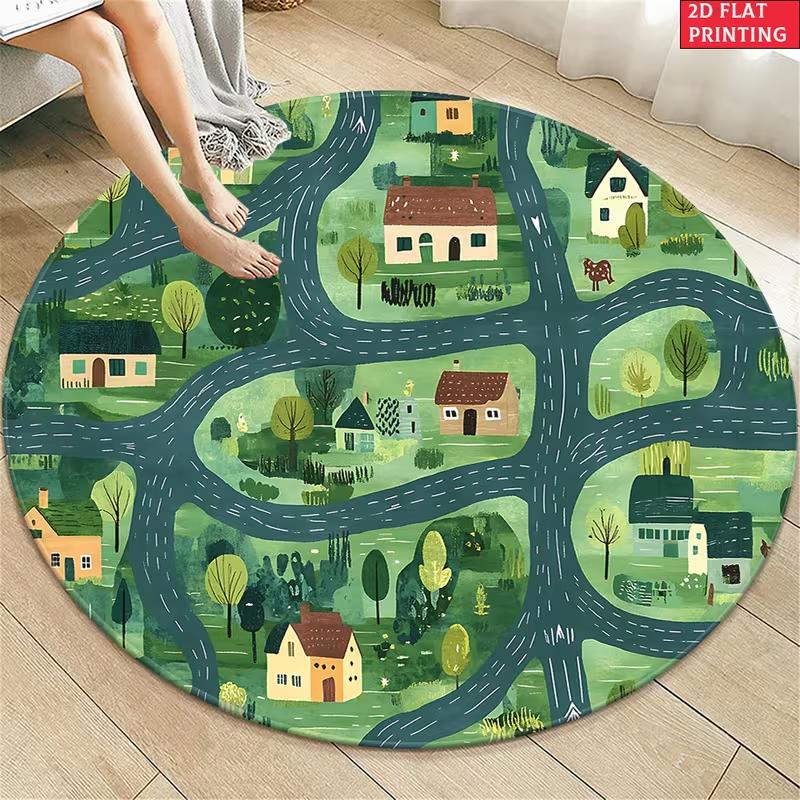 City Street Map Print Round Area Rug Traffic Roads Educational Kids Play Carpet Soft Non-Slip Activity Mat for Playroom