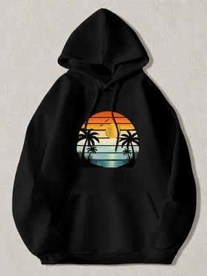 Black Pullover Hoodie with Retro Sunset Palm Tree Graphic Vintage Tropical Beach Scene Print Casual Long Sleeve Sweatshirt for Men
