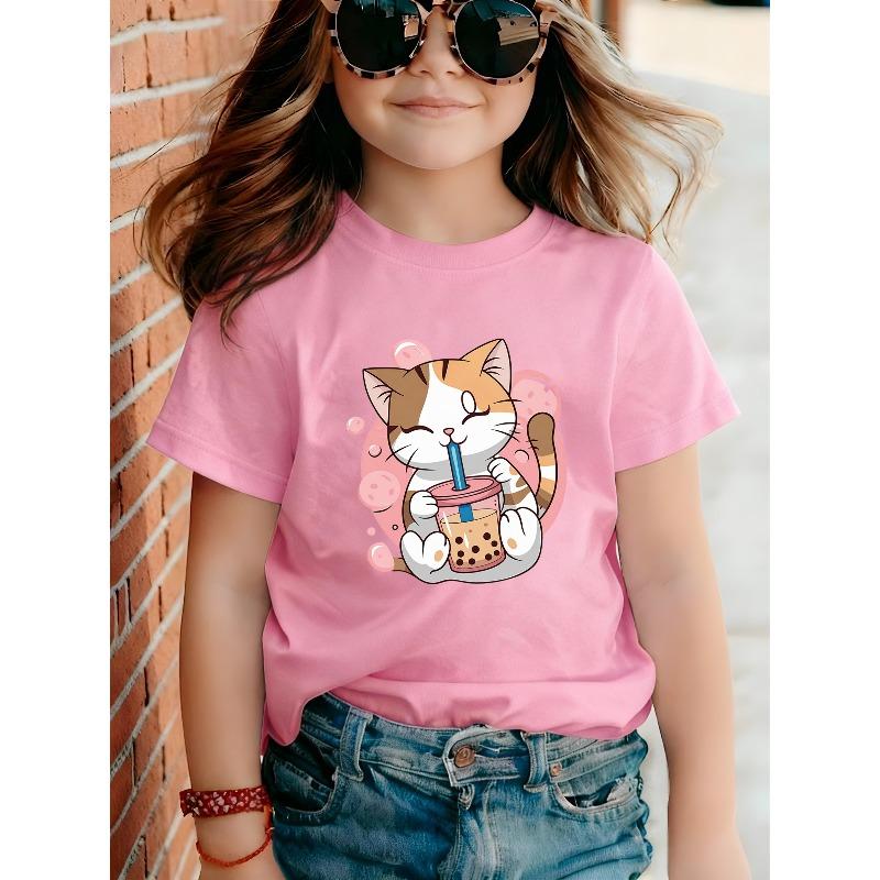 Mädchen Katze trinkt Boba Tee Aufdruck Rundhals Kurzarm T-Shirt