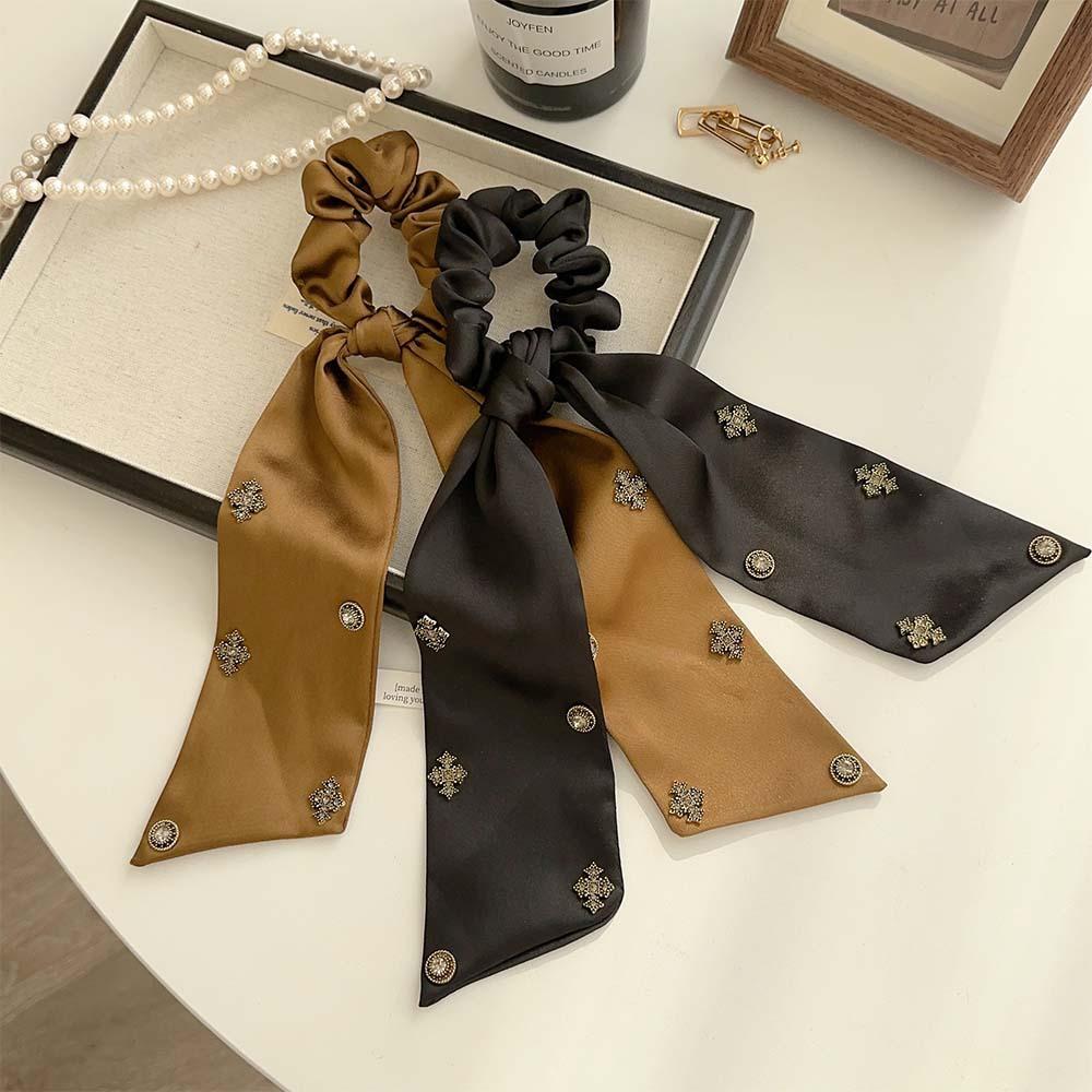 Light Luxury Satin Ribbon Hairband with Metal Cross Decorations and Elastic Band Vintage Style High-end Hair Accessories