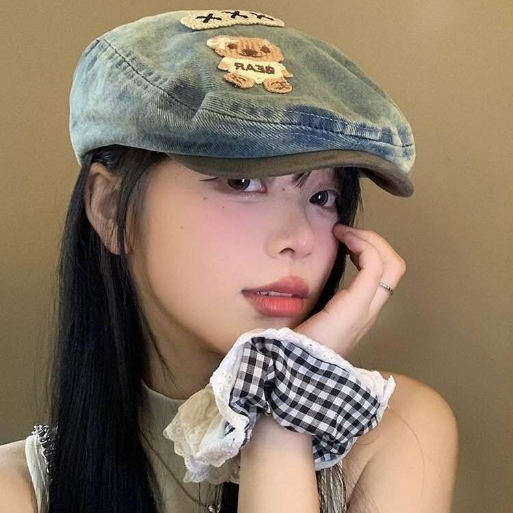 

Милая джинсовая шляпа с нашивкой в виде медведя, женская ретро-многофункциональная шляпа с лицом, маленькая потертая шляпа старого художника M（56-58cm）