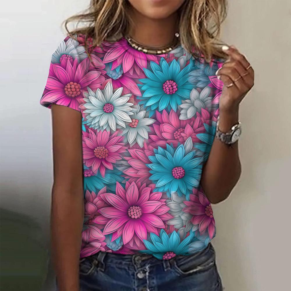 New Colorful Floral T-shirt, 3D Floral Print, Women's Summer Round Neck Short Sleeved T-shirt, Harajuku Y2K T-shirt, T-shirt, Women's Clothing