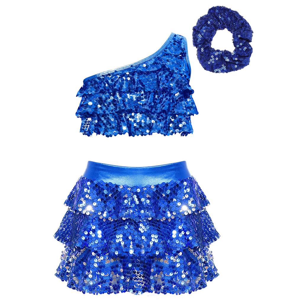 Jenter Enskulder Dansekostyme Glitrende Paljett Crop Top med Lagdelt Volangskjørt Shorts og Matchende Hårtilbehør
