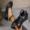 Elegant Ladies Pearl Ankle Strap Wedge Shoes for Women Autumn 2025 Black Pu Leather Office Pumps Woman Comfort Soft Mary Janes
