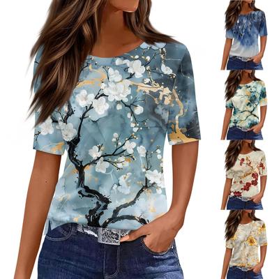 T-shirts för kvinnor rund hals uppklädd vardaglig blusar tryck kort ärm sommartoppar lös passform