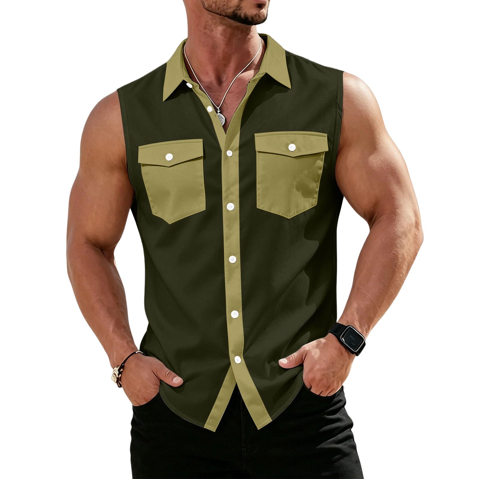Men s Workwear Lapel Button-Down Vest Shirt - Lightweight Sleeveless Top L армия зеленый