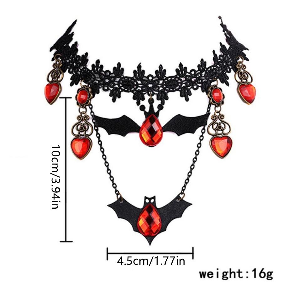 1pcHalloween Necklace Gothic Dark Style Bat Ruby Heart Pendant Party Costume Dress-Up Necklace Holiday Gift