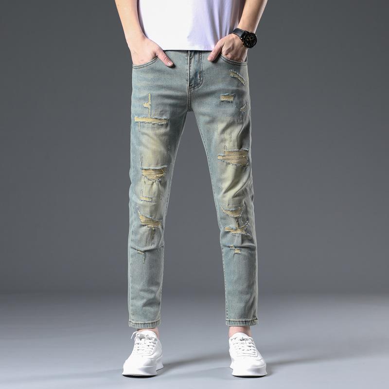 Spring and Summer Ripped Jeans Men's Slim Feet Pants Men's Trousers