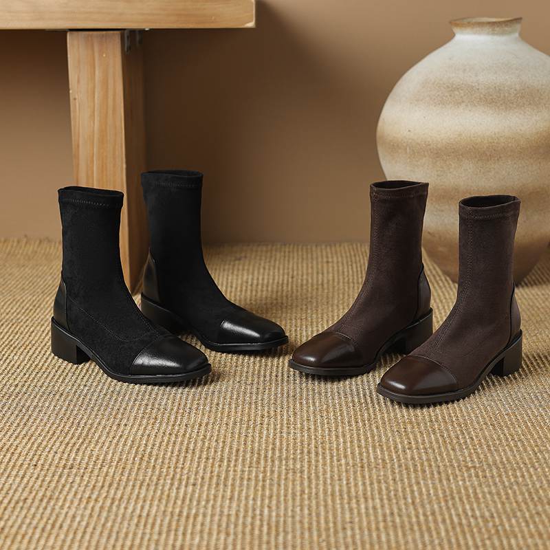 Krazing Pot Microfiber Flock Autumn Winter Shoes Thick Med Heels Size 43 Elastic Boots Stretch Patch Work Ankle Boots