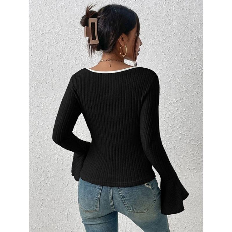 New Solid Color Long-sleeved Pullover Knitted Slim Fashionable and Sexy Low-necked Women's Clothing