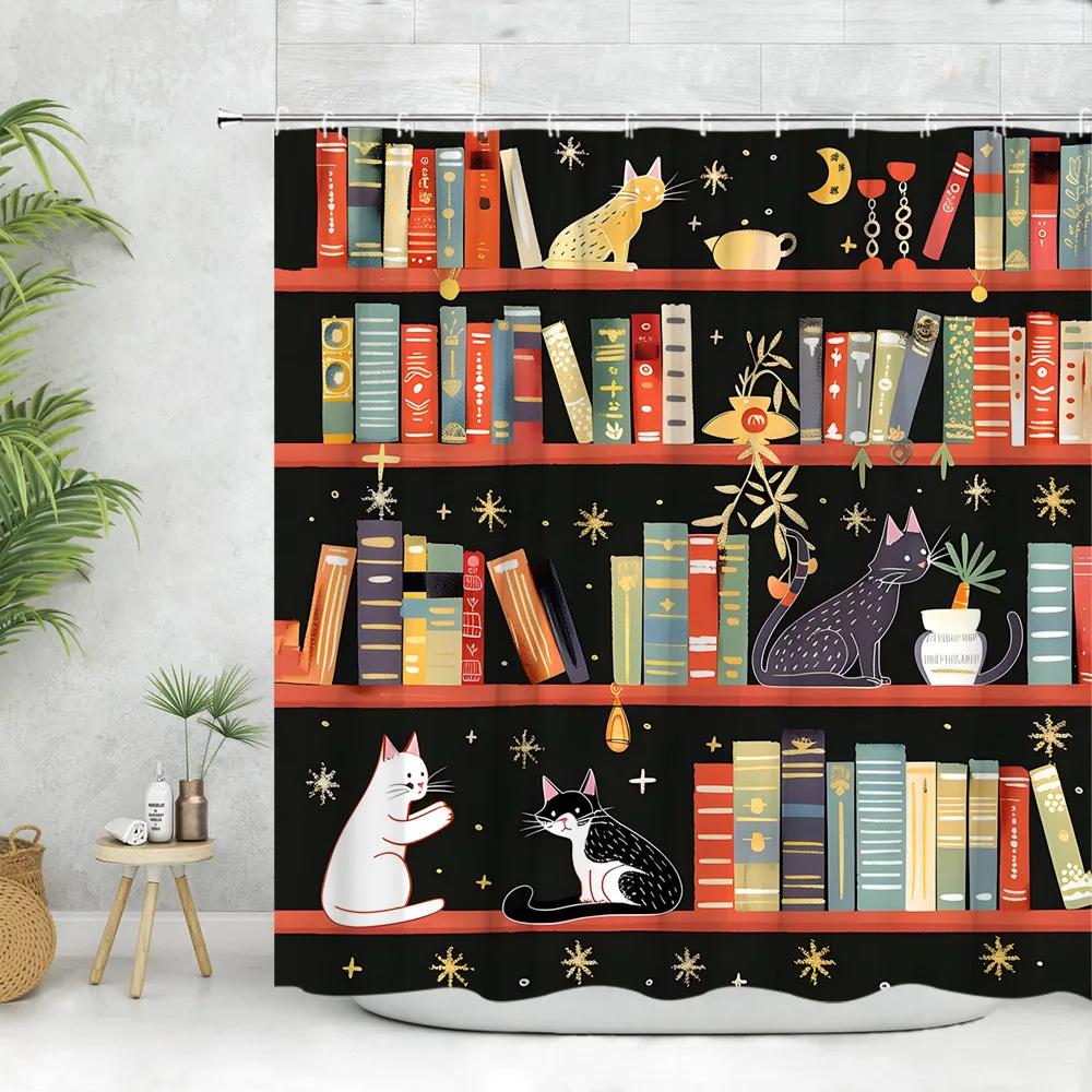 Vintage Library Shower Curtain Skull Candles Old Books Bookshelf Cat Plant Cartoon Home Polyester Fabric Bathroom Decor Curtains