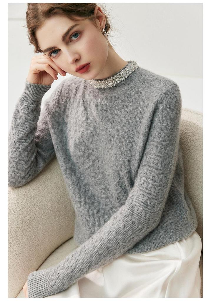 2025 Autumn/Winter Women's Cashmere Knit Top with Handmade Pearl Collar and Fluffy Fleece