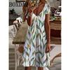 Women's Sundress Midi Dress Short Sleeve Floral Print Summer Casual V Neck Loose Dresses Plus Size 2024 Female Clothing Vestidos